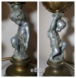 Antique ornate Victorian figural cherub putti electric argand oil table lamp