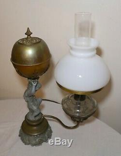 Antique ornate Victorian figural cherub putti electric argand oil table lamp