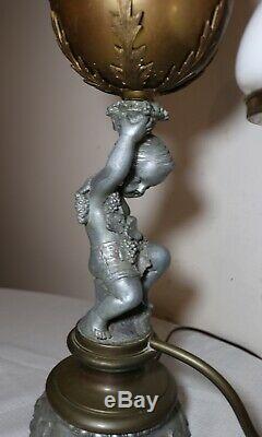 Antique ornate Victorian figural cherub putti electric argand oil table lamp