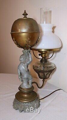 Antique ornate Victorian figural cherub putti electric argand oil table lamp