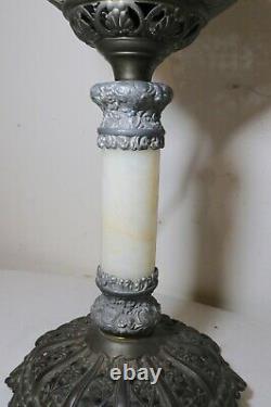 Antique ornate brass cast iron marble figural electrified oil table parlor lamp