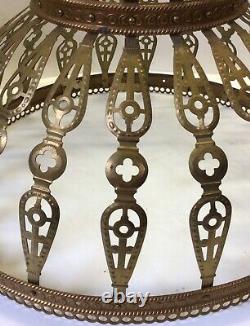 Antique ornate brass hanging library parlor oil lamp 14 diameter shade