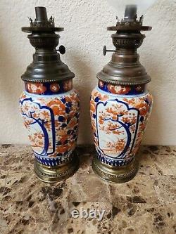 Antique pair Imari Oil Lamps vase Asian Japanese brenner kosmos burner