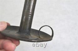 Antique tin whale oil straight candle stick lamp finger loop rare early 19th c