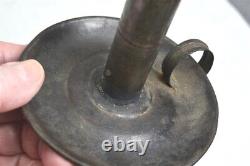 Antique tin whale oil straight candle stick lamp finger loop rare early 19th c