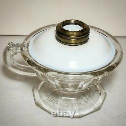 Antique uncommon Atterberry clear glass finger lamp with opal top