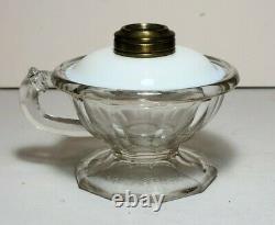 Antique uncommon Atterberry clear glass finger lamp with opal top