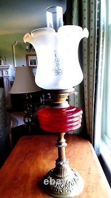 Antique. /vintage victorian Cranberry Font Oil Lamp