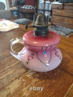 Art Deco Painted flowers Blown Pontil Pink Finger Oil Lamp 5