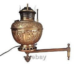 Atq 1890's Bradley & Hubbard Embossed Kerosene Oil Lamp Converted Wall Sconce