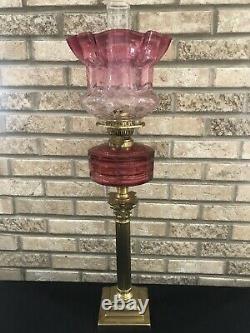 Atq GWTW Cranberry Glass Oil Lamp Corinthian Column Banquet Duplex Burner Parlor