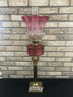 Atq GWTW Cranberry Glass Oil Lamp Corinthian Column Banquet Duplex Burner Parlor