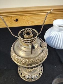 Atq Tiny Juno Miniature Oil Kerosene Stand Lamp Brass Milk Glass Ribbed Shade
