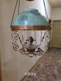 Atq Victorian GWTW Mosaic Green Hanging Ceiling Parlor Library Kerosene Oil Lamp