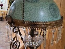 Atq Victorian GWTW Mosaic Green Hanging Ceiling Parlor Library Kerosene Oil Lamp