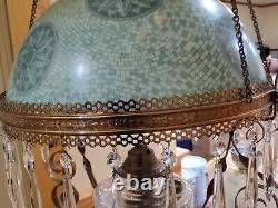 Atq Victorian GWTW Mosaic Green Hanging Ceiling Parlor Library Kerosene Oil Lamp