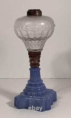 Atterbury Oil Lamp EAPG Clear Font & RARE Lavender Blue Glass Base c1860-1870