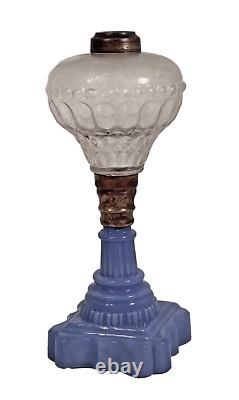 Atterbury Oil Lamp EAPG Clear Font & RARE Lavender Blue Glass Base c1860-1870