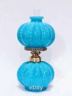 BEADED MELON MINIATURE OPAQUE BLUE MILK GLASS OIL KEROSENE LAMP ANTIQUE complete