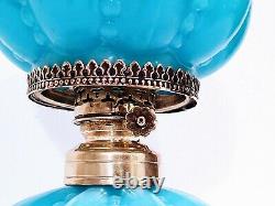 BEADED MELON MINIATURE OPAQUE BLUE MILK GLASS OIL KEROSENE LAMP ANTIQUE complete