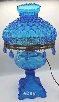 BEAUTIFUL 1890's Princess Feather BLUE pattern glass oil lamp ELECTRIFIED