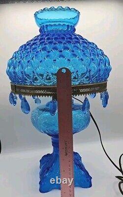 BEAUTIFUL 1890's Princess Feather BLUE pattern glass oil lamp ELECTRIFIED