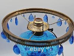 BEAUTIFUL 1890's Princess Feather BLUE pattern glass oil lamp ELECTRIFIED