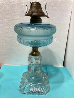 BLUE ADAMS GLASS MOON STARS OIL LAMP With1892 BRIDGEPORT BRASS UPTON PATENT BURNER