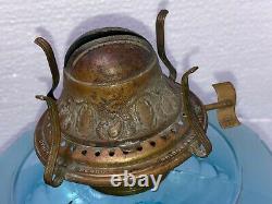 BLUE ADAMS GLASS MOON STARS OIL LAMP With1892 BRIDGEPORT BRASS UPTON PATENT BURNER