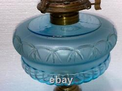 BLUE ADAMS GLASS MOON STARS OIL LAMP With1892 BRIDGEPORT BRASS UPTON PATENT BURNER