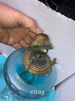 BLUE ADAMS GLASS MOON STARS OIL LAMP With1892 BRIDGEPORT BRASS UPTON PATENT BURNER