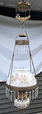 B&H 14 Hanging Oil Lamp Chain Prisms Glass Matching Font Floral Antique NICE