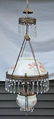 B&H 14 Hanging Oil Lamp Chain Prisms Glass Matching Font Floral Antique NICE