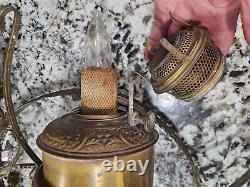B&H 14 Hanging Oil Lamp Chain Prisms Glass Matching Font Floral Antique NICE