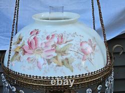B&H 14 Hanging Oil Lamp Chain Prisms Glass Matching Font Floral Antique NICE
