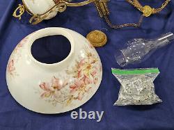 B&H 14 Hanging Oil Lamp Chain Prisms Glass Matching Font Floral Antique NICE
