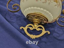 B&H 14 Hanging Oil Lamp Chain Prisms Glass Matching Font Floral Antique NICE