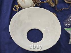 B&H 14 Hanging Oil Lamp Chain Prisms Glass Matching Font Floral Antique NICE
