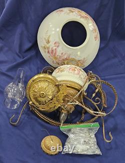 B&H 14 Hanging Oil Lamp Chain Prisms Glass Matching Font Floral Antique NICE