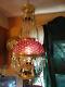 B & H Cranberry Hobnail Opalescent Brass Hanging Electrified Oil Lamp Vintage
