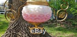 B & H HANGING PARLOR LAMP withPINK WAFFLE OPAQUE FONT & CRANBERRY BULLSEYE SHADE