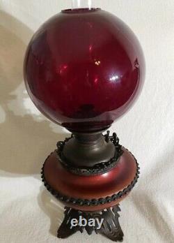 B & H Victorian Crimson Red Satin Gone with The Wind Table Desk Oil Kerosene Lamp