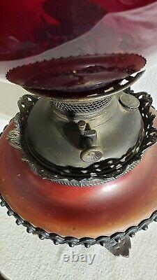 B & H Victorian Crimson Red Satin Gone with The Wind Table Desk Oil Kerosene Lamp