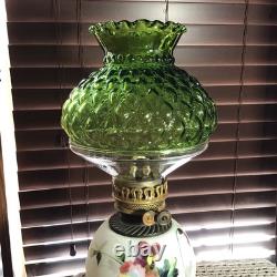 Beautiful 16 1/2 Antique Double Wick GWTW Oil Lamp Withquilted Puff Shade