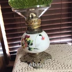 Beautiful 16 1/2 Antique Double Wick GWTW Oil Lamp Withquilted Puff Shade