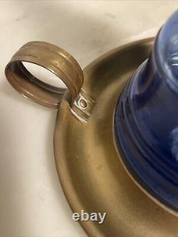 Beautiful 19th Century Small Handheld Brass Oil Lamp With Blue Cobalt Glass