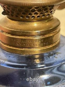 Beautiful 19th Century Small Handheld Brass Oil Lamp With Blue Cobalt Glass