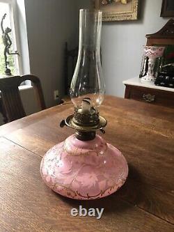 Beautiful Antique 19th Century Pink Cameo Oil Lamp With P & A Duplex Burner