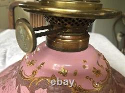 Beautiful Antique 19th Century Pink Cameo Oil Lamp With P & A Duplex Burner
