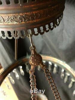 Beautiful Antique Hanging Oil Lamp With Floral Shade and Crystals
